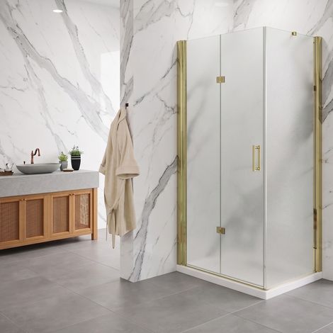 Porta pieghevole con lato fisso angolare in vetro temperato opaco 6mm profili oro - PORTA 70 - FISSO 80 (1/2)
