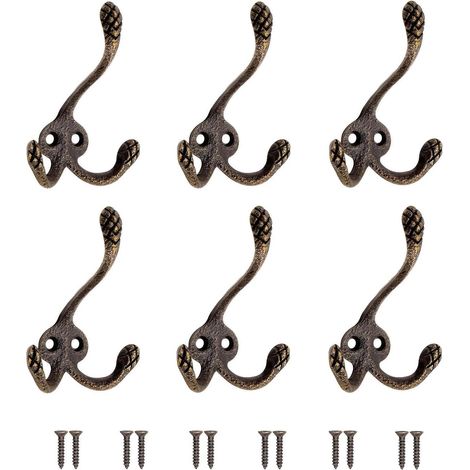 Lot de 6 crochets muraux vintage, Patère Triple Crochet Mural Antique Robuste, Crochet Mural Métal Solide pour vêtements, chapeaux et serviettes - Bronze