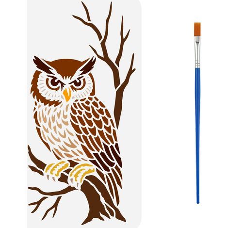 Pochoirs de Peinture de Hibou D'Observation Avec Un Pinceau Pochoirs de Motif de Hibou de Branche de 15x30cm Modèle Thème Animalier Réutilisable pour Carreaux Meubles Sol Mur Bois (1/5)