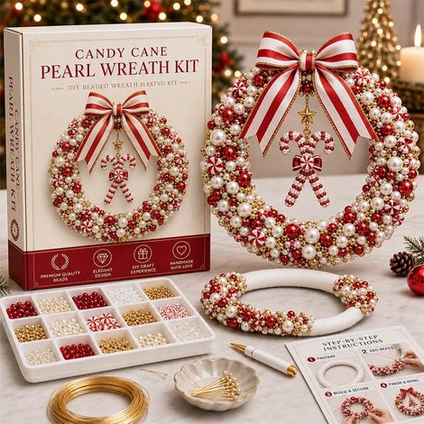 Kit de fabrication de couronne de Noël en perles à faire soi-même, comprenant tout le matériel nécessaire pour la confection d'une couronne de Noël : cadre en bois, ruban, perles ABS, aiguilles, fil d (1/5)