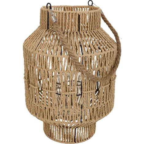 Farol portavelas de metal y cuerda de papel marrón d28x41