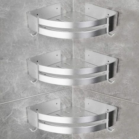 Juego de 3 estantes de ducha de aluminio con ganchos, sin necesidad de taladrar, estante de esquina para ducha - Crezuo