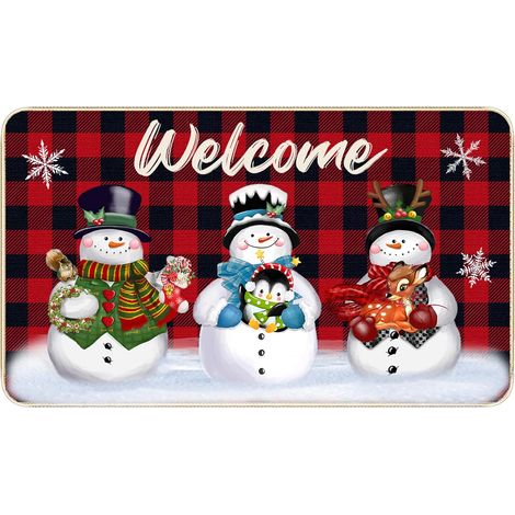 Tapis de porte de Noël 81 x 51 cm, motif bonhomme de neige et carreaux, tapis d'hiver antidérapant pour entrée intérieure/extérieure, décoration de porte d'entrée pour Noël (1/5)