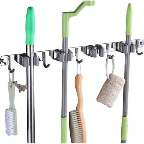 Support mural gris en acier inoxydable pour balai et serpillière, avec 4 pinces et 5 crochets - Organisateur de rangement mural pour cuisine et jardin (1/5)
