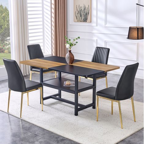 Table + 4 chaises repas 160x90x76 cm MDF métal noir doré, avec rangement FloraGrace (1/5)