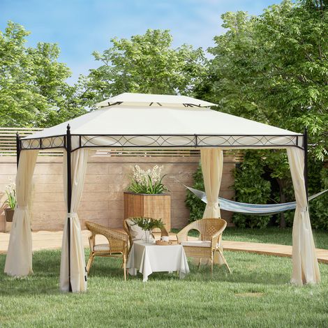 Cenador de Jardín 4x3m con Doble Techo Estructura de Acero Anti-UV para Exterior Patio 400x300x280 cm Crema