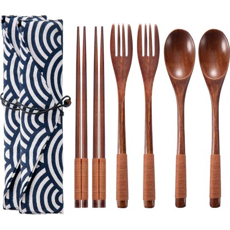 Couverts En Bois - Fourchette Cuillère Baguettes Réutilisables - Pour Pique-Nique Camping Voyage Bureau - 2 Sets (4 Pièces) (1/5)