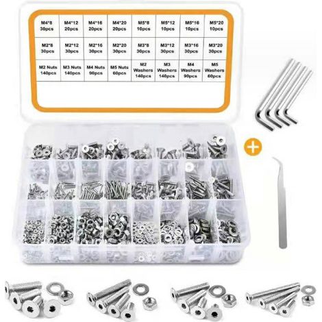 Kit 1230 vis tête fraisée M2 M3 M4 M5 inox 304 avec clés Allen, assortiment bricolage (1/5)