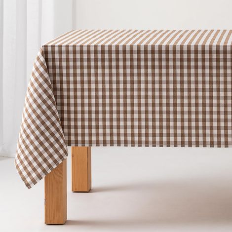 1 Nappe Vichy, Anti-taches, Coton, 140x100 cm, Taupe, Intérieur Extérieur