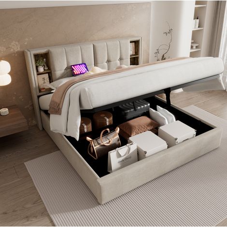 Cama tapizada moderna 140x200 cm en lino natural con cabecero con estantes, carga inalámbrica, USB-C y arcón (1/5)