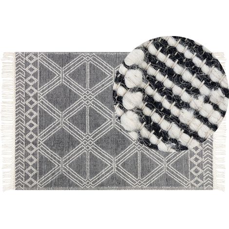 Alfombra de lana gris blanco crema 160 x 230 cm a mano geométrico borlas Toprakkale