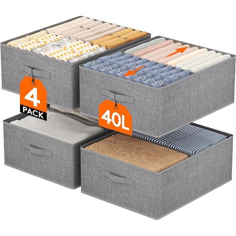 Boite Vetement, Rangement Armoire Pliable, Organisateur Tiroir Vetement avec Cloison Amovible, Dressing, Casier, 40L (50 x 40 x 20 cm), Lot de 4