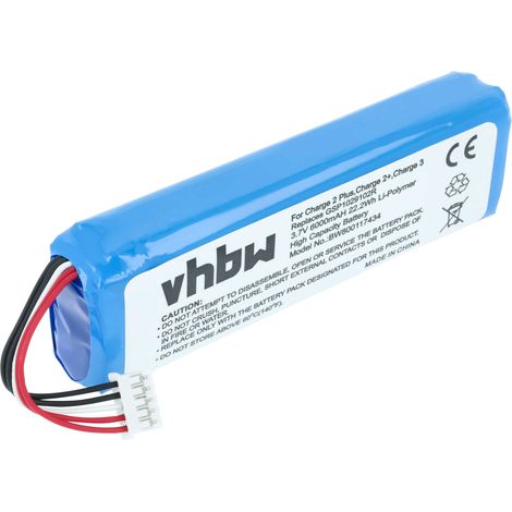 vhbw 1x batería compatible con JBL Charge 2 Plus, 2+, 3 (2015) altavoces, cajas acústicas (6000 mAh, 3,7 V, Li-poli) - Reemplaza GSP1029102R