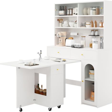 MEUBLIV Ensemble meuble de cuisine blanc avec table pliante sur roulettes et rangement (1/5)