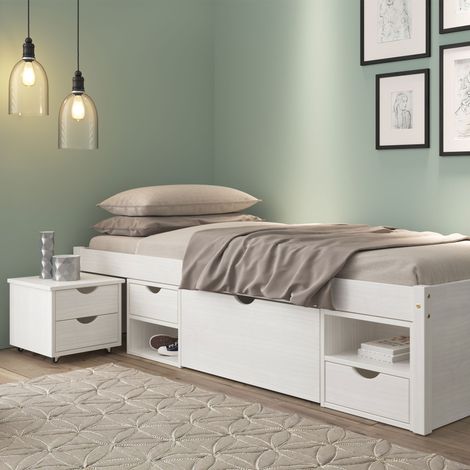 Lit 90x200 avec rangements en pin massif blanc - CHAMONIX