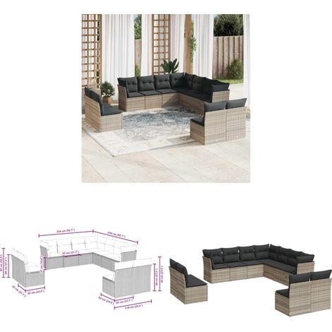 vidaXL Salon de jardin 11 pcs avec coussins gris clair résine tressée (1/3)