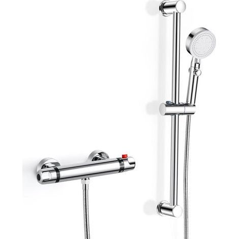 Mitigeur Douche Thermostatique, Ensemble de Douche avec Mitigeur Thermostatique Mural avec Barre de Douche Réglable 635mm, Douchette à Main 5 Jets, Flexible Tuyau 1.5M, G 1/2", Chromé