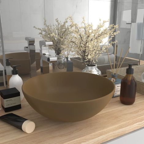 Lavabo de salle de bain Céramique Crème mat Rond -Vasque modernisé - Lave-Mains Évier (1/5)