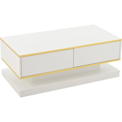 Table basse 100x50x38 cm en panneaux de particules blanc chaud avec bord doré et 2 grands tiroirs (1/5)