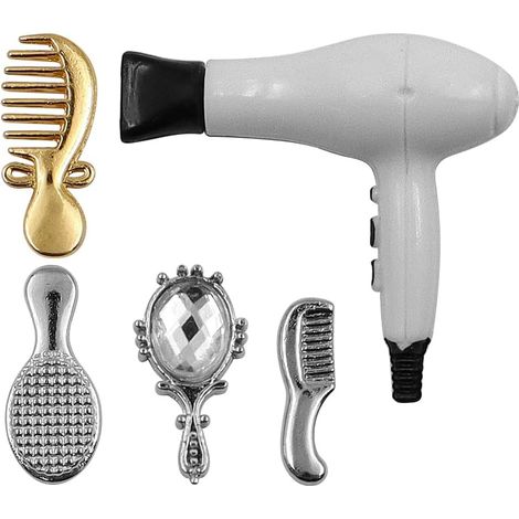Kit d'accessoires de Salle de Bain Miniatures à l'échelle 1/12, Mini sèche-Cheveux en Plastique, Brosse, Peigne, Miroir, Ensemble d'accessoires de vanité pour Mini Maison, Chambre à Coucher (1/5)