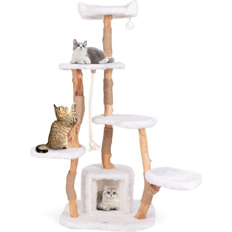 Costway – Arbre à chat 168 cm en bois de poirier – 5 plateformes – 3 poteaux à griffer en jute – Condo douillet – Tissu pelucheux long 68 × 58 cm (1/5)