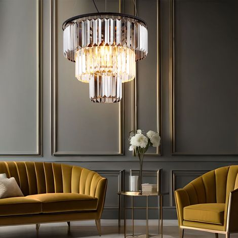 Lampadario a sospensione lampada da soggiorno lampada da sala da pranzo, metallo nero, cristalli di vetro color fumo, 3 lampadine E27, H 120 cm