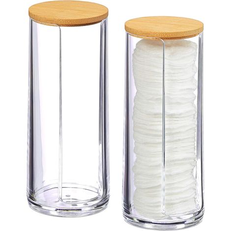 Distributeur Coton Démaquillant - Lot de 2 - Acrylique et Bambou - Rangement Hygiénique avec Couvercle - Pour Salle de Bain - Transparent 20x7 cm (1/5)