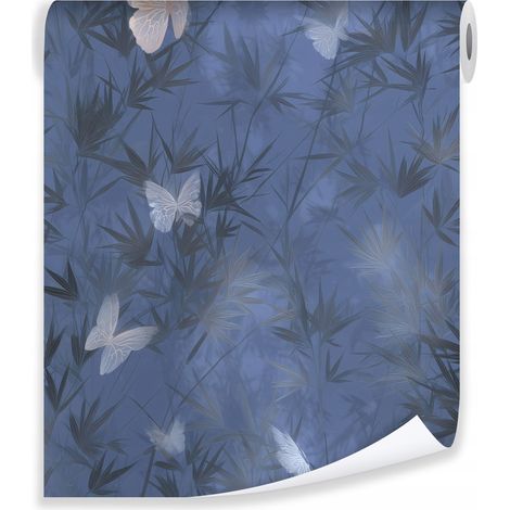 Papier peint papillon feuilles bambou tropical sur entoilage mur salon chambre coucher (1/3)