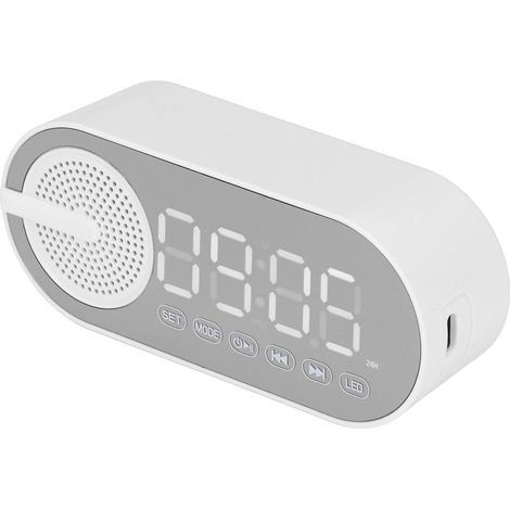 Enceinte Bluetooth 5.0 avec horloge miroir, radio FM à basses profondes, réveil numérique rechargeable et lumières colorées, blanche. (1/5)