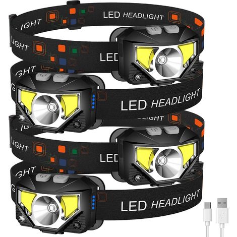 Paquete de 4 linternas frontales LED recargables con luz roja y blanca - Resistentes al agua - Sensor de movimiento - 8 modos de brillo intenso - Linterna frontal - Paquete de 4 (1/5)