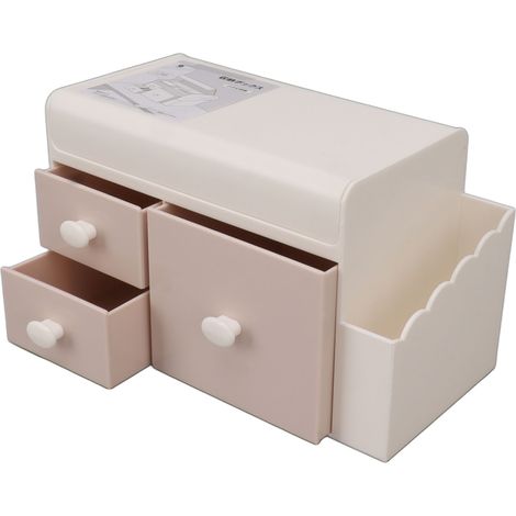 Boîte de rangement de bureau à 3 tiroirs avec support latéral, contenant en plastique rose pour cosmétiques, bijoux et autres petits objets. (1/5)