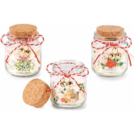 Candele profumate di Natale in barattolo di vetro decorato con tappo in sughero, fiocchetto e campanelle dorate, set da 6 pezzi, Ø 6 cm x 7,5 H