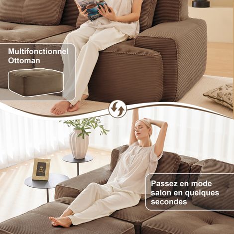 Canapé modulaire 4 places marron en velours côtelé avec méridienne en L, assise profonde (1/5)