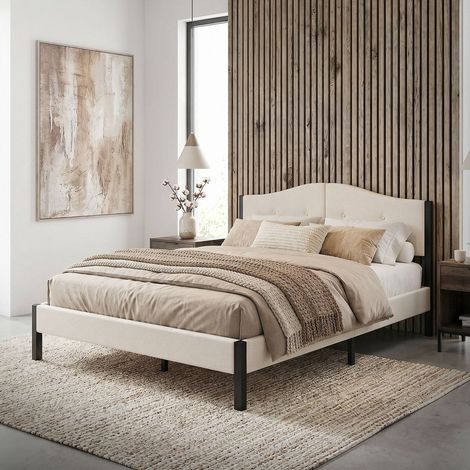 ML-Design Letto Imbottito, Giroletto Matrimoniale, Struttura Letto Robusta, 140x200 cm, con Testiera Imbottita e Rete a Doghe, Telaio in Acciaio e Tessuto di Lino, Beige, per Camera da Letto (1/5)