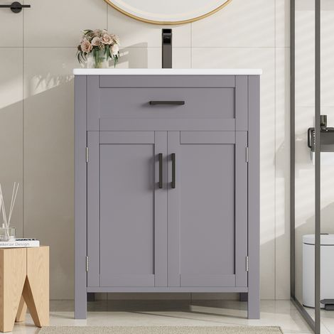 Meuble vasque mural 60x46x84,8 cm avec 2 portes et 1 tiroir, gris pour appartement et hôtel (1/5)