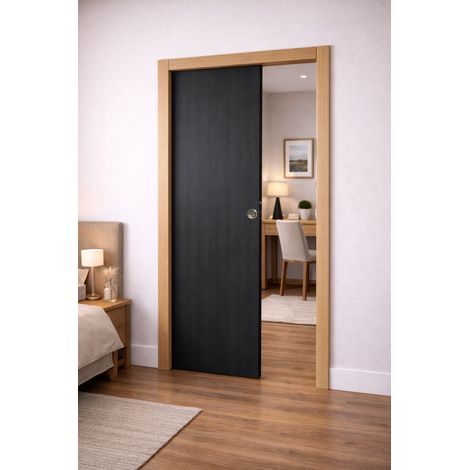 Porte Coulissante Effet Chêne Anthracite Grey Oak H204 X L93 Cm, Galandage, Kit Finition (coquille Et Tire Doigt) Gd Menuiseries