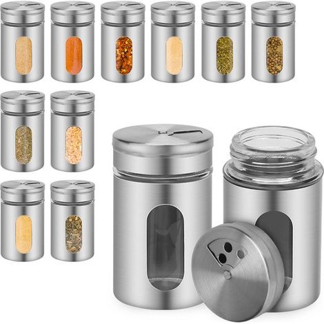 Juego de 12 frascos redondos de vidrio para especias con tapas de acero inoxidable y tapa ajustable con dosificador (1/5)