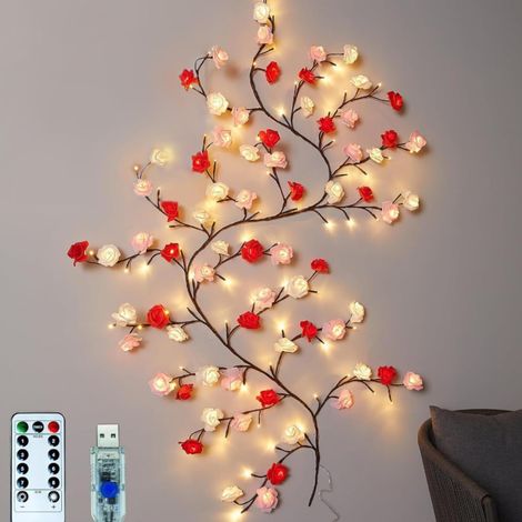 Guirlande lumineuse à 48 LED - Rose - Décoration - Vigne sauvage - Avec télécommande - 8 modes - Minuterie USB - Pour chambre à coucher - Décoration de Noël (1/5)
