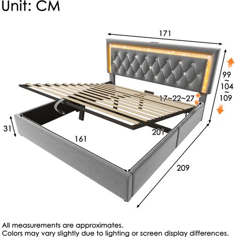 Lit double gris 160x200 cm, tête de lit en velours diamant avec bandeau LED, ports USB et Type-C intégrés, coffre de lit hydraulique, sommier à lattes fourni, sans matelas