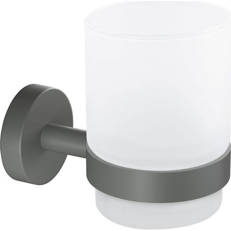 tesa® MOON GREY Zahnputzbecher aus satiniertem Glas mit Halter, matt grau - für Bäder im Industrial Style und moderne Badezimmer - bohrfrei, inkl. Klebelösung - 96 mm x 70 mm x 109 mm (1/5)