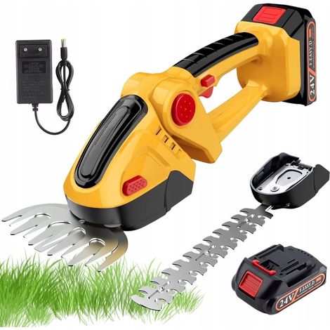 Taille-Haie sans Fil 24V, Cisaille À Gazon 2-en-1 avec  Batteries 1500 mAh Et Chargeur, Taille-Arbustes Et Coupe-Bordure, Portable 15000 TR/Min avec 2 Lames, pour Jardin Et Pelouse (Jaune)