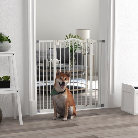 Barrière de sécurité pour chien extensible 74-100 cm fermeture automatique fixation par pression sans percer blanc