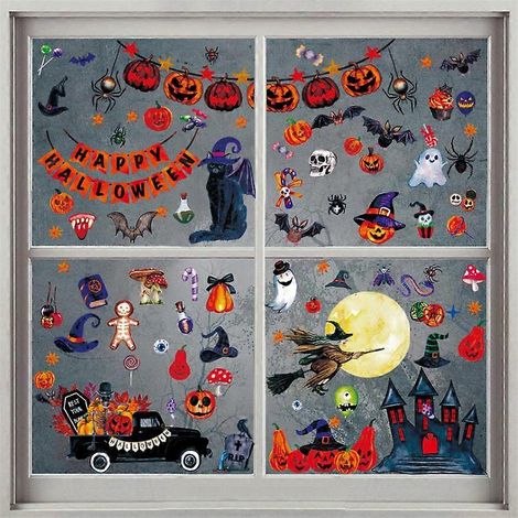 Pegatinas de Halloween para ventanas de cristal, decoraciones de Halloween, pegatinas de gnomos de doble cara removibles para ventanas, decoración para fiestas de Halloween (1/5)