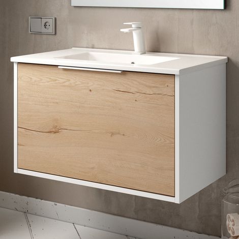 Meuble de salle de bain 80cm simple vasque - 1 façade et 2 tiroirs - sans miroir - Blanc/Roble - ALBA (1/2)