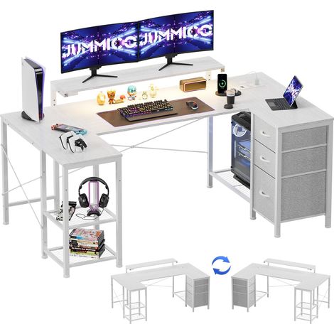 Bureau Gaming en U Réversible 170x95cm, Bureau d'angle, USB, Blanc (1/5)