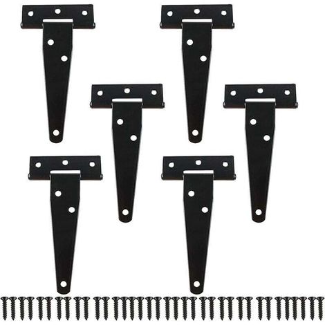 6 bisagras de metal negro en forma de T para puerta de granero (10 cm) con tornillos