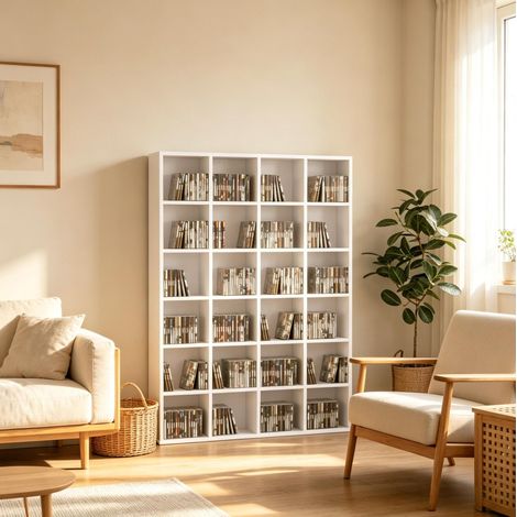Mueble de almacenamiento para CD abierto con compartimentos, blanco, 89 x 20 x 130,5 cm DESVIAE (1/5)