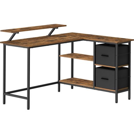 Vasagle – Bureau d'angle en L avec 2 tiroirs spacieux – Étagère réglable – Support moniteur – Dimensions 105 x 135 x 89,5 cm – Marron rustique