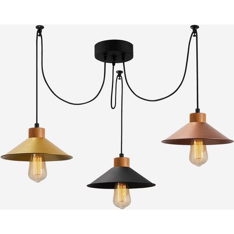 Lámpara de araña escandinava con cuerpo de metal y base de madera, 114 x 24 cm, altura regulable, 3 casquillos E27, diseño elegante para espacios modernos. (1/4)
