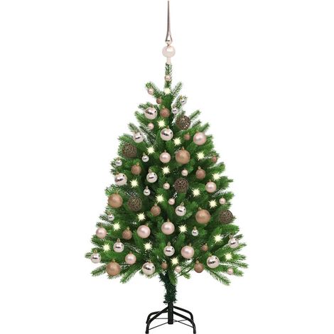 Árbol de Navidad preiluminado con luces y bolas verde 120 cm